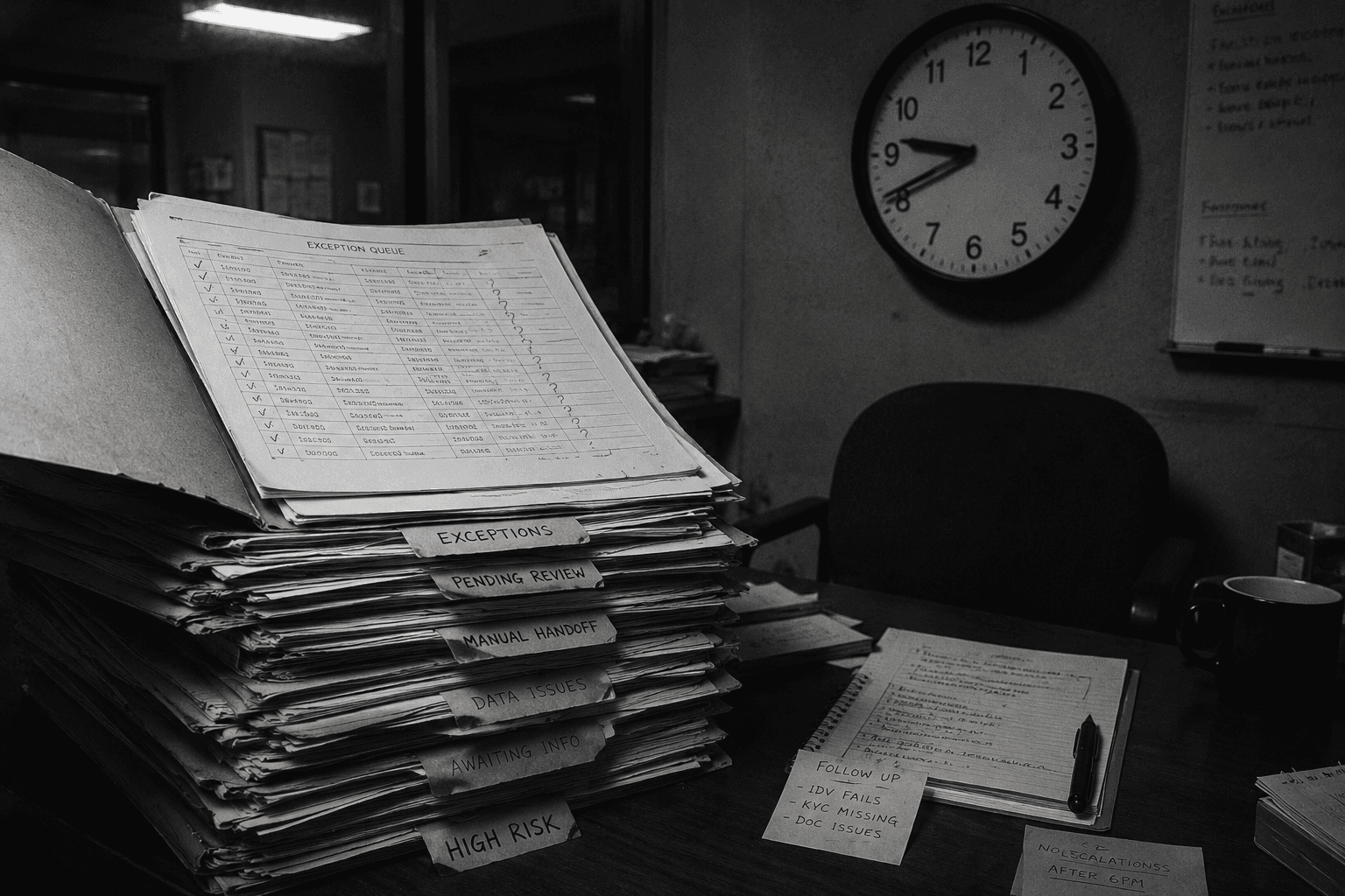 Late-night office desk with stack of exception folders labeled EXCEPTIONS, PENDING REVIEW, MANUAL HANDOFF, HIGH RISK; analog wall clock at 9:48; empty chair pushed back.