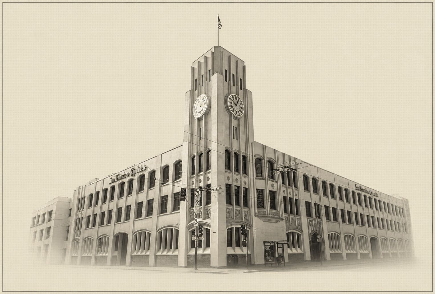 The old San Francisco Chronicle building, clock tower at Market and Kearny.