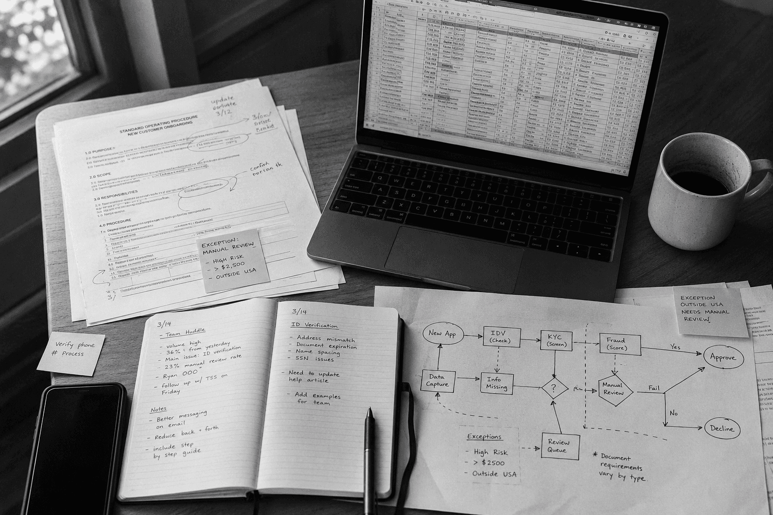 Operator's desk mid-scan: open notebook with handwritten field notes, laptop showing a dense spreadsheet, printed SOP with annotations, hand-drawn workflow map with arrows and boxes, coffee, pen, phone.